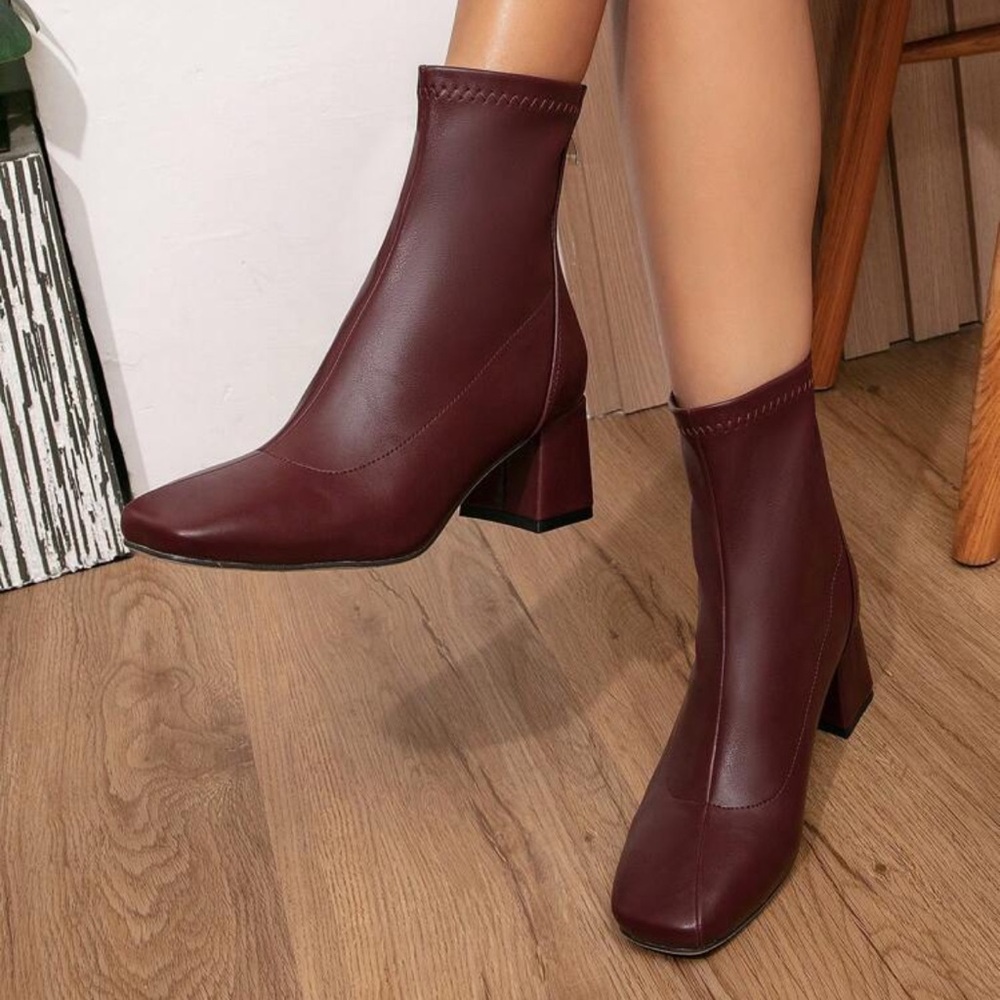 𝗡𝗪𝗢𝗧: Fashion Faux Leather Zipper Ankle Boots Elegant Burgundy Ankle Boots - Picture 5 of 16